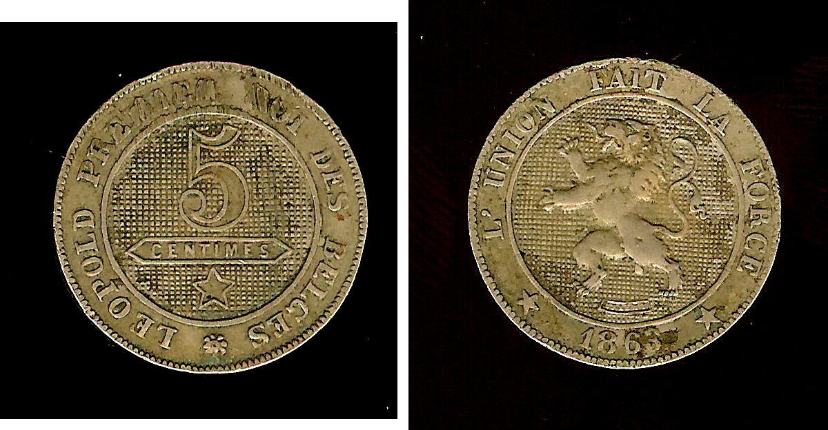 BELGIQUE 5 Centimes lion 1863 TTB